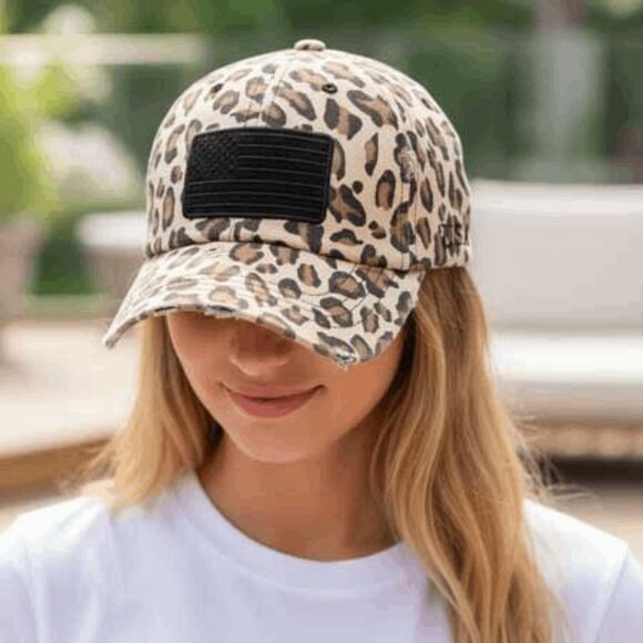 2/$30 Ladies Leopard Distressed American Flag Hat - Animal Print Baseball Cap - Picture 3 of 10